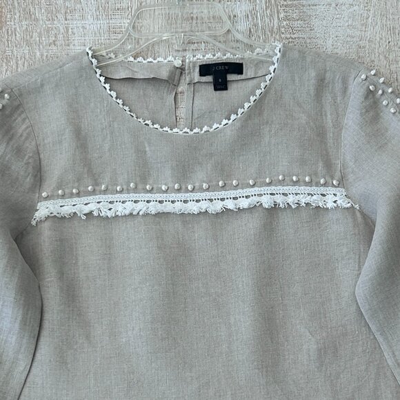 J. Crew 100% Linen Top/Shirt Embroidered French Knot Tan/Beige Womens Tunic 8 - Picture 4 of 10
